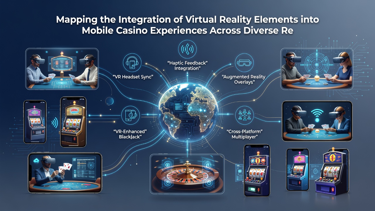 Mobile device displaying virtual reality casino environment with regulatory compliance markers
